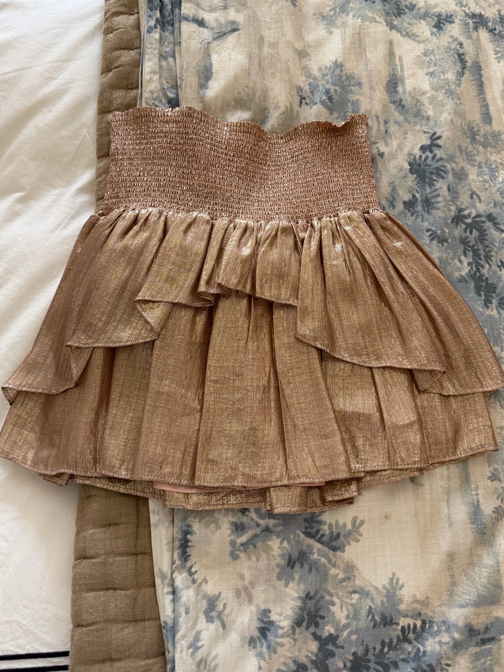 Ramy Brook Metallic Rose Gold Tiered Smocked Mini Skirt